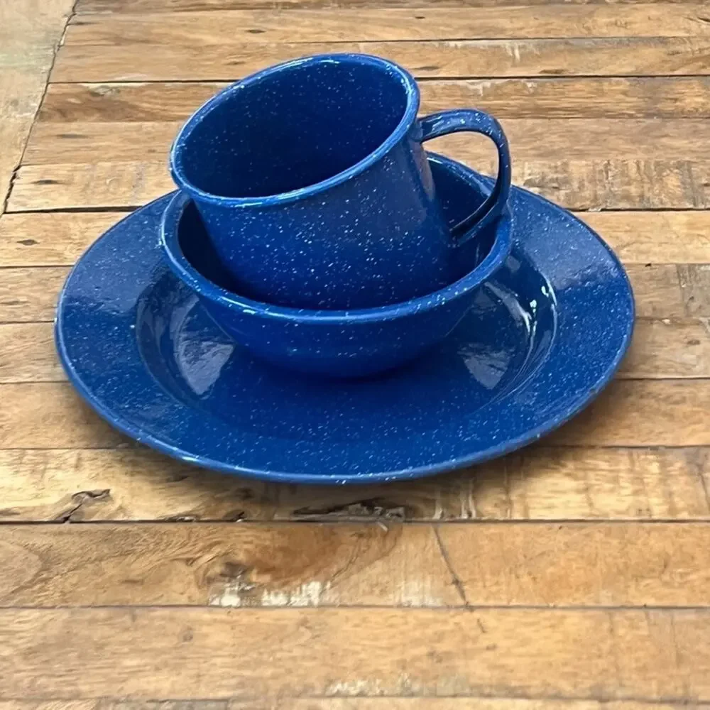 Enamelware Camping Dish Set of 1 Plate, Mug, and Bowl Blue White Speckled